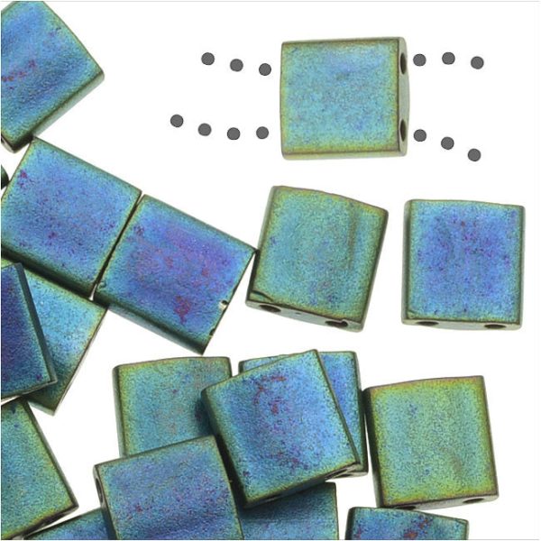 Miyuki Tila 2 Hole Square Beads 5mm - Matte Metal Blue Green 7.2 Grams on Sale