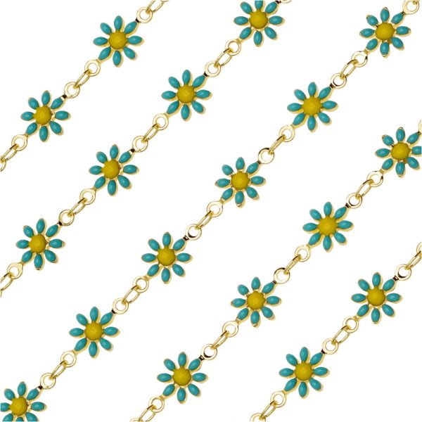 Beaded Chain, Daisy Flower 7.5mm, Gold Plated   Turquoise & Yellow Enamel, by the Inch For Discount - Image 2