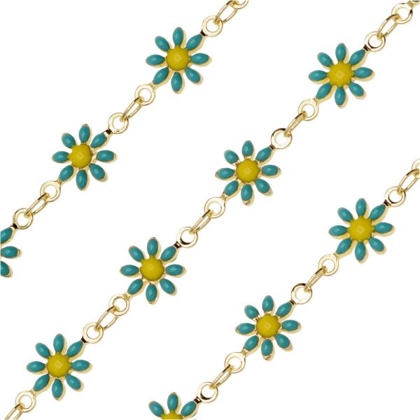 Beaded Chain, Daisy Flower 7.5mm, Gold Plated   Turquoise & Yellow Enamel, by the Inch For Discount