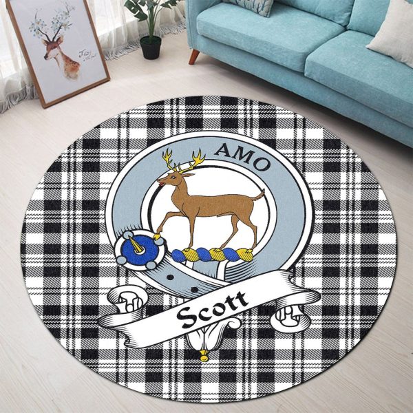 Scott Black White Modern Tartan Crest Round Rug on Sale